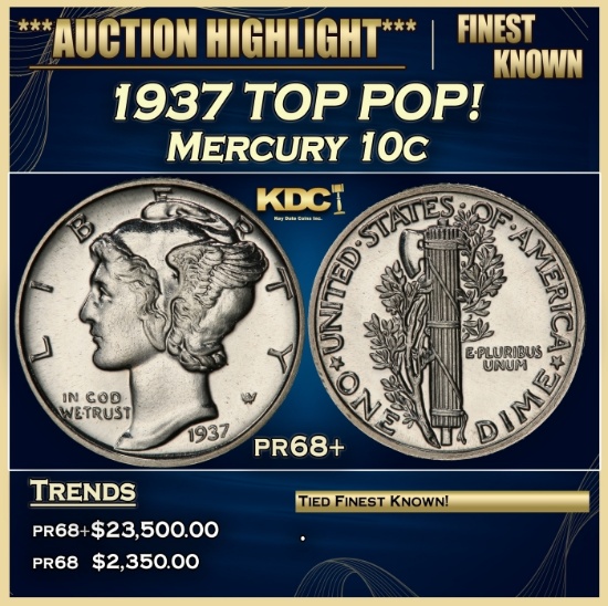 1937 Proof Mercury Dime TOP POP! 10c pr68+ SEGS
