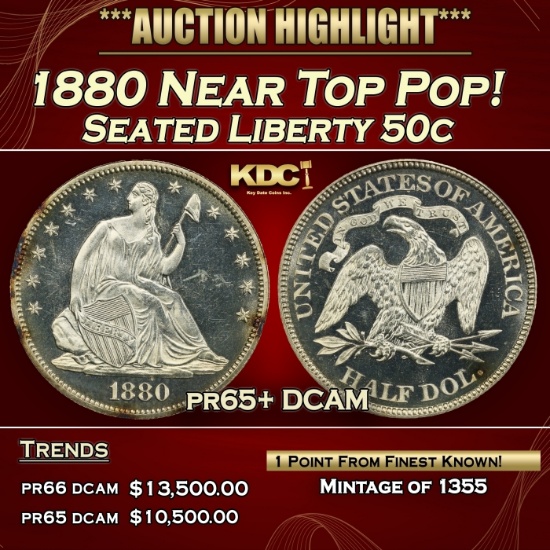 1880 Proof Seated Half Dollar Near Top Pop! 50c pr65+ DCAM SEGS