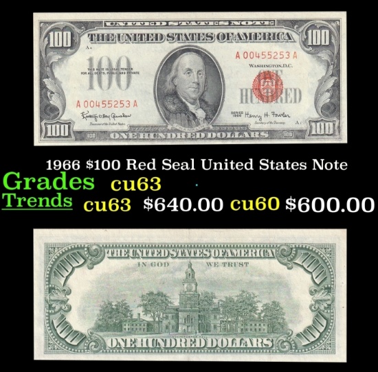 1966 $100 Red Seal United States Note Grades cu63