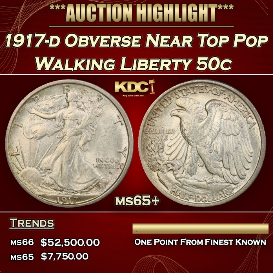 1917-d Obverse Walking Liberty Half Dollar Near Top Pop 50c ms65+ SEGS