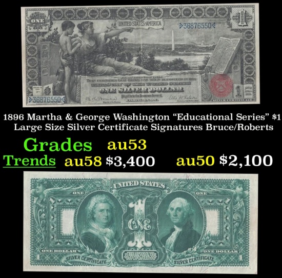 1896 $1 large size Silver Certificate Martha & George Washington "Educational Series" Grades Select