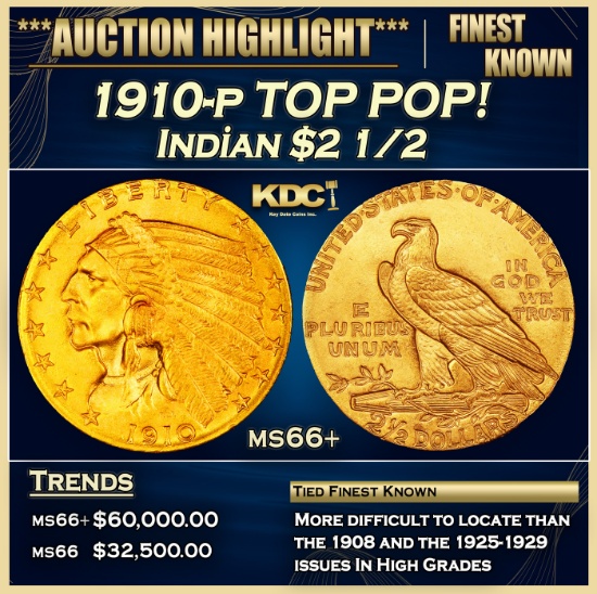 1910-p Gold Indian Quarter Eagle TOP POP! $2 1/2 ms66+ USCG