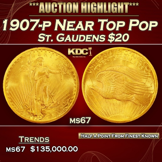 1907-p Gold St. Gaudens Double Eagle Near Top Pop $20 ms67 SEGS