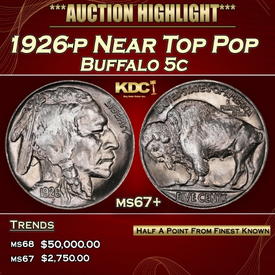 1926-p Buffalo Nickel Near Top Pop 5c ms67+ SEGS