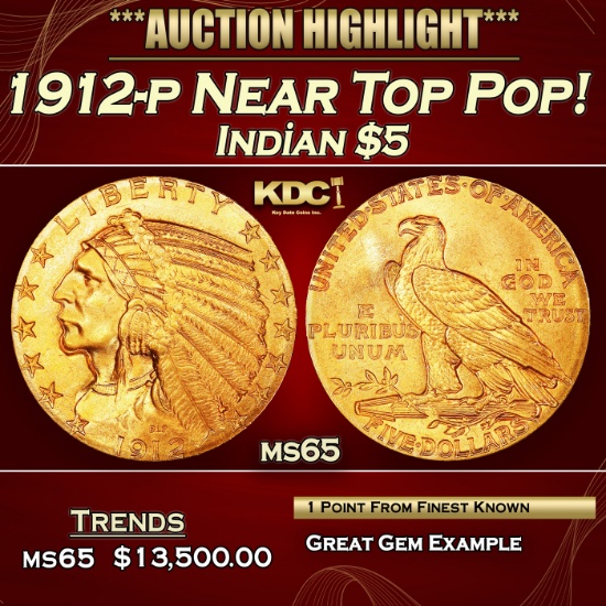 1912-p Gold Indian Half Eagle Near Top Pop! $5 ms65 USCG