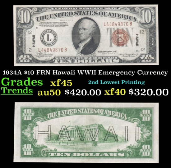 1934A $10 FRN Hawaii WWII Emergency Currency Grades xf45