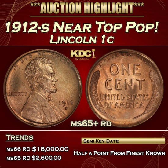 1912-s Lincoln Cent Near Top Pop! 1c ms65+ rd SEGS