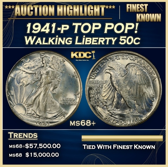 1941-p Walking Liberty Half Dollar TOP POP! 50c ms68+ SEGS