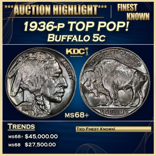 1936-p Buffalo Nickel TOP POP! 5c ms68+ SEGS