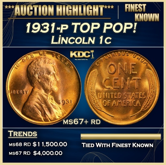 1931-p Lincoln Cent TOP POP! 1c ms67+ rd SEGS