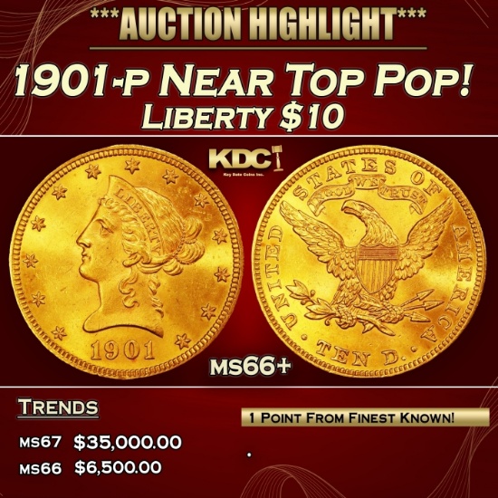 1901-p Gold Liberty Eagle Near Top Pop! $10 ms66+ SEGS