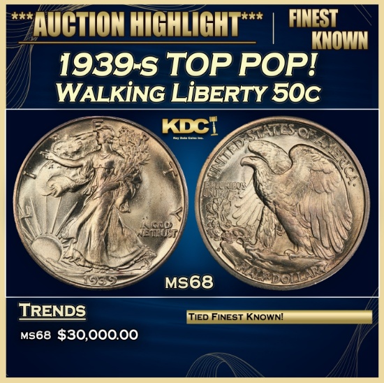 1939-s Walking Liberty Half Dollar TOP POP! 50c ms68 SEGS