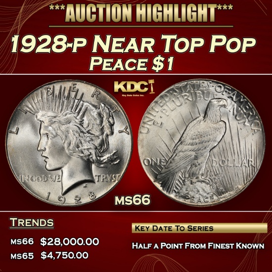 1928-p Peace Dollar Near Top Pop $1 ms66 SEGS