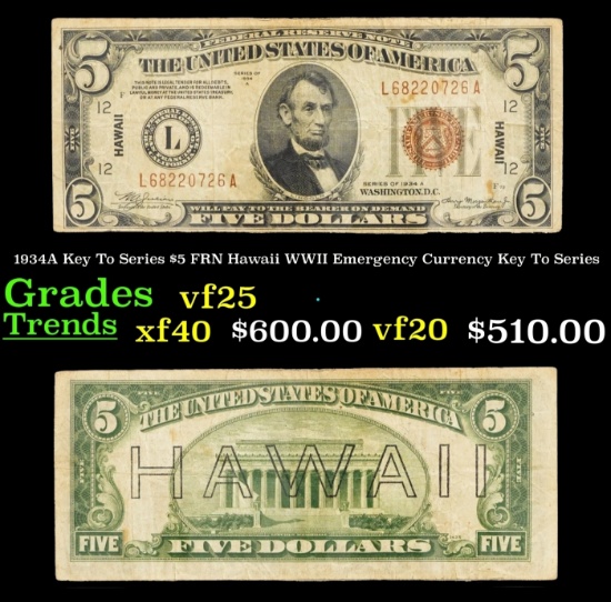 1934A $5 FRN Hawaii WWII Emergency Currency Key To Series Key To Series Grades vf+