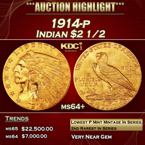 1914-p Gold Indian Quarter Eagle $2 1/2 ms64+ SEGS