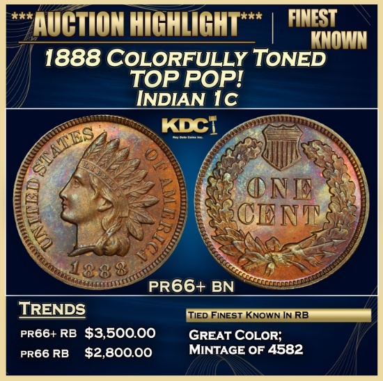 1888 Proof Indian Cent Colorfully Toned TOP POP! 1c pr66+ bn SEGS