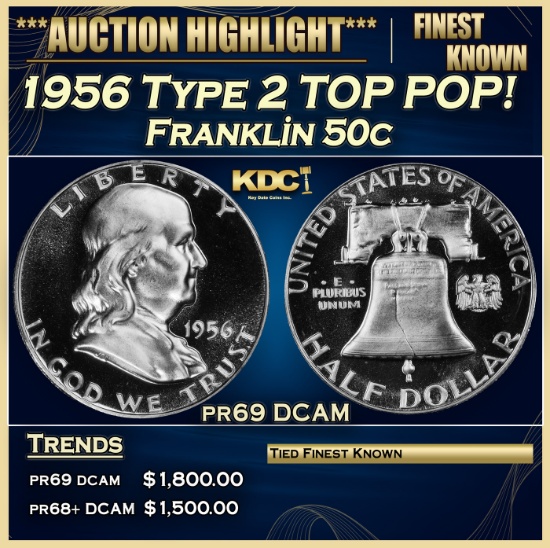 1956 Type 2 Proof Franklin Half Dollar TOP POP! 50c pr69 DCAM SEGS