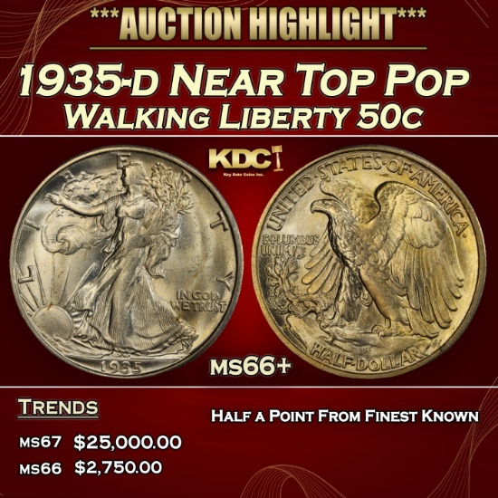 1935-d Walking Liberty Half Dollar Near Top Pop 50c ms66+ SEGS