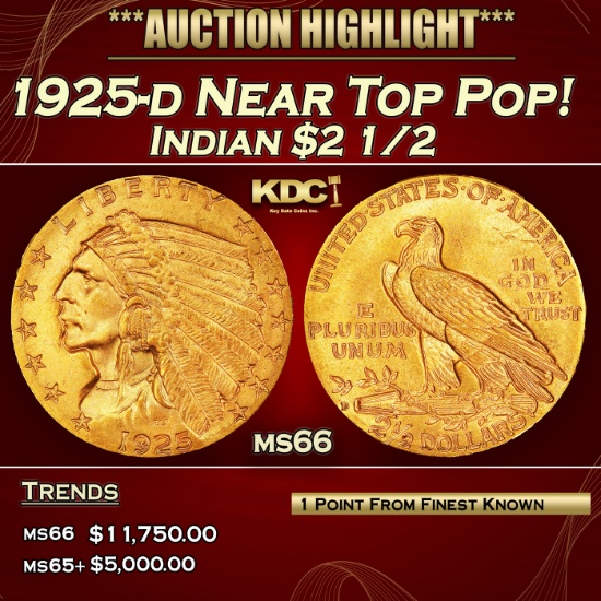 1925-d Gold Indian Quarter Eagle Near Top Pop! $2 1/2 ms66 USCG