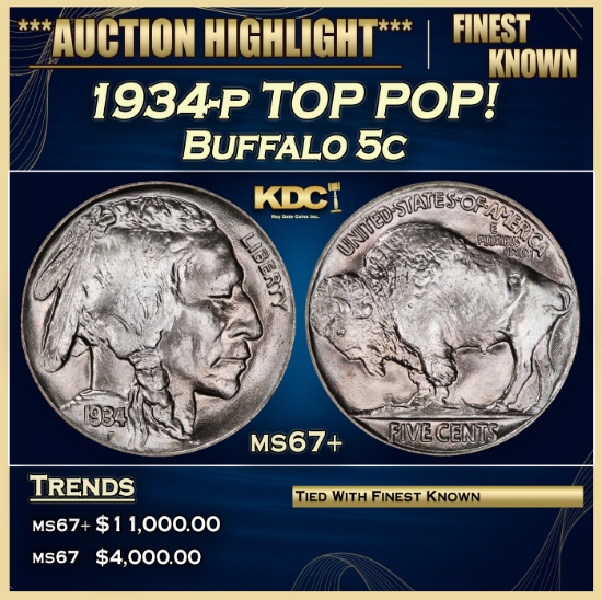1934-p Buffalo Nickel TOP POP! 5c ms67+ SEGS