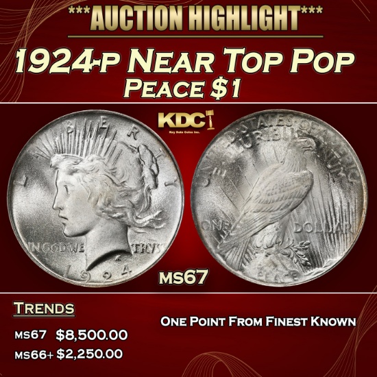 1924-p Peace Dollar Near Top Pop $1 ms67 SEGS