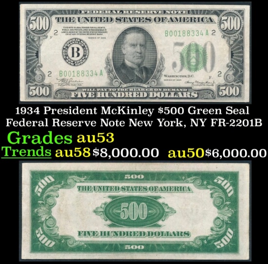 1934 $500 Green Seal Federal Reserve Note President McKinley New York, NY Grades Select AU FR-2201B