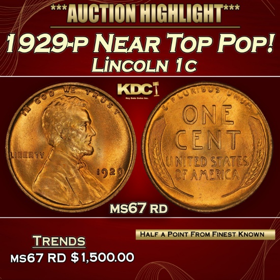 1929-p Lincoln Cent Near Top Pop! 1c ms67 rd SEGS