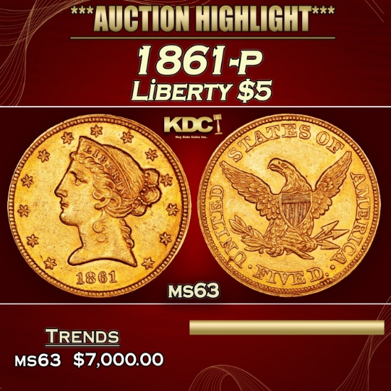 1861-p Gold Liberty Half Eagle $5 ms63 USCG