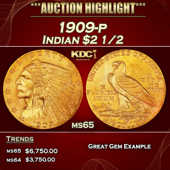 1909-p Gold Indian Quarter Eagle $2 1/2 ms65 SEGS