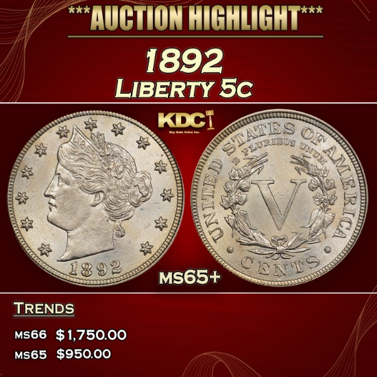 1892 Liberty Nickel 5c ms65+ SEGS