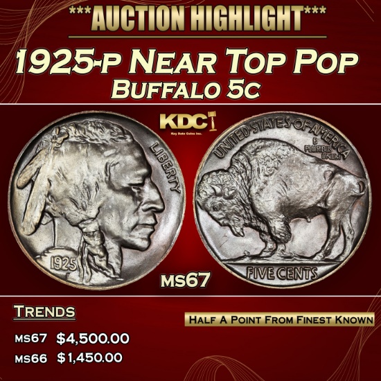 1925-p Buffalo Nickel Near Top Pop 5c ms67 SEGS