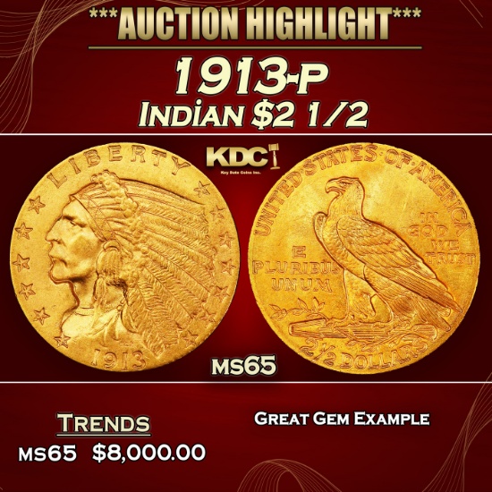 1913-p Gold Indian Quarter Eagle $2 1/2 ms65 SEGS
