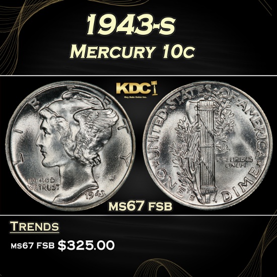 1943-s Mercury Dime 10c ms67 fsb SEGS