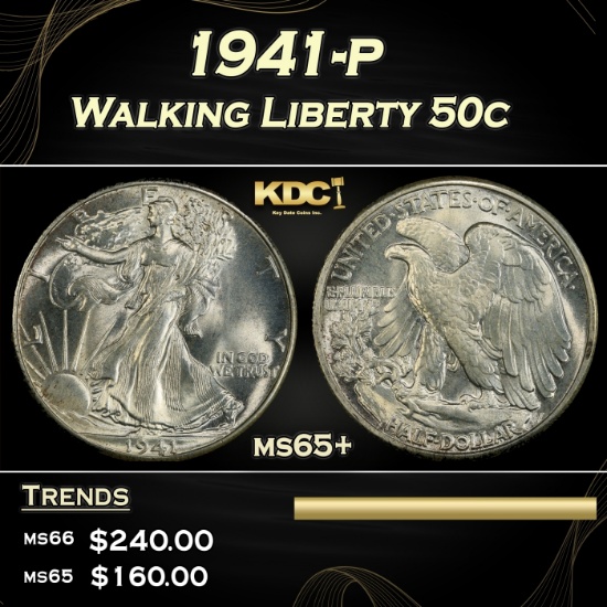 1941-p Walking Liberty Half Dollar 50c Grades ms65+