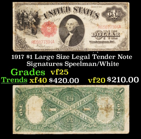 1917 $1 Large Size Legal Tender Note Grades vf+ Signatures Speelman/White