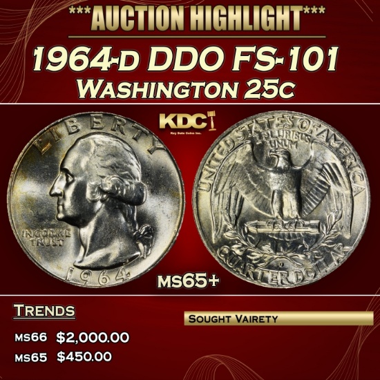 1964-d Washington Quarter DDO FS-101 25c ms65+ SEGS