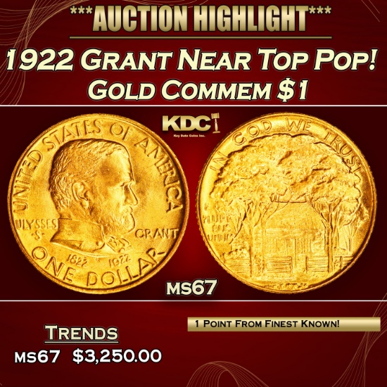 1922 Grant Gold Commem Dollar Near Top Pop! 1 ms67 SEGS
