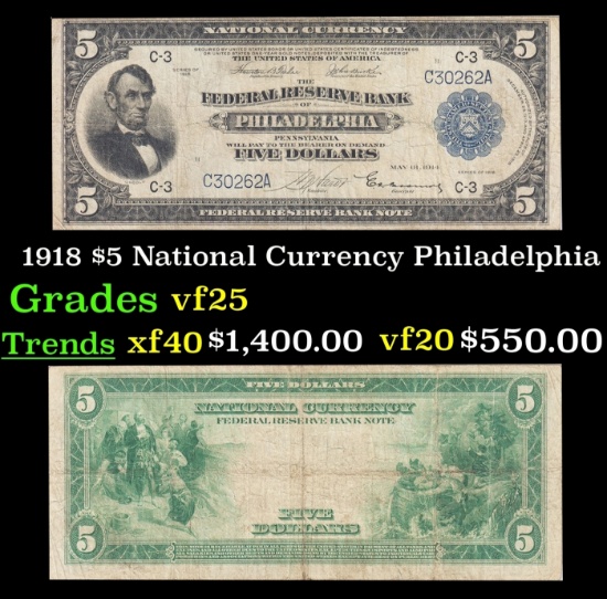 1918 $5 National Currency Grades vf+ Philadelphia