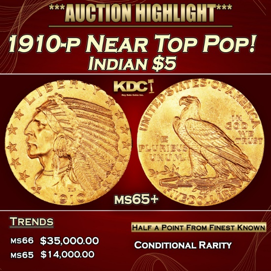 1910-p Gold Indian Half Eagle Near Top Pop! $5 ms65+ USCG