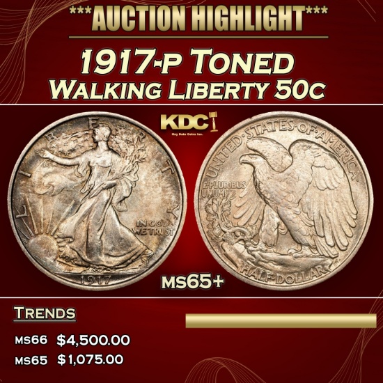 1917-p Walking Liberty Half Dollar Toned 50c ms65+ SEGS