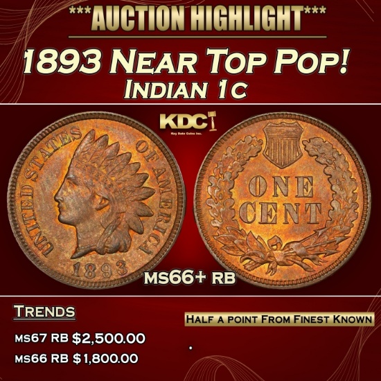 1893 Indian Cent Near Top Pop! 1c ms66+ rb SEGS