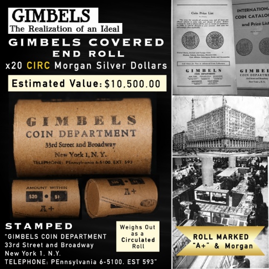 ND- GIMBLES 20 Coin Morgan Roll All Circ A+ Quality