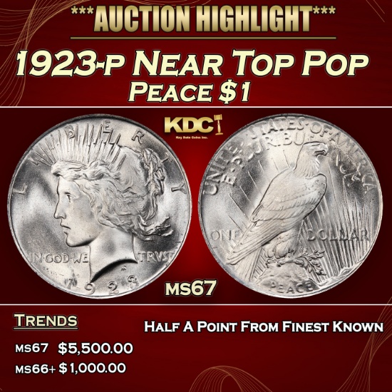 1923-p Peace Dollar Near Top Pop $1 ms67 SEGS