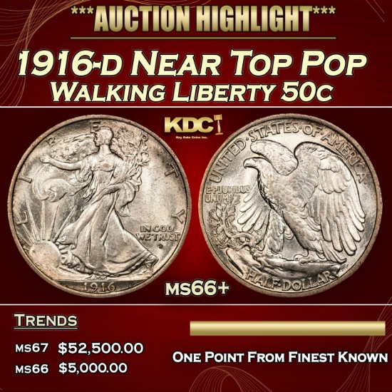 1916-d Walking Liberty Half Dollar Near Top Pop 50c ms66+ SEGS