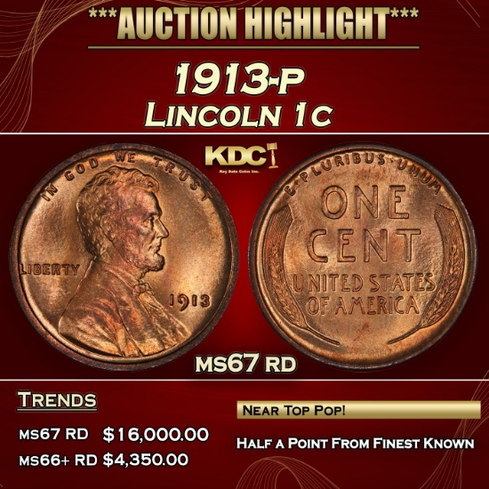 1913-p Lincoln Cent 1c ms67 rd SEGS