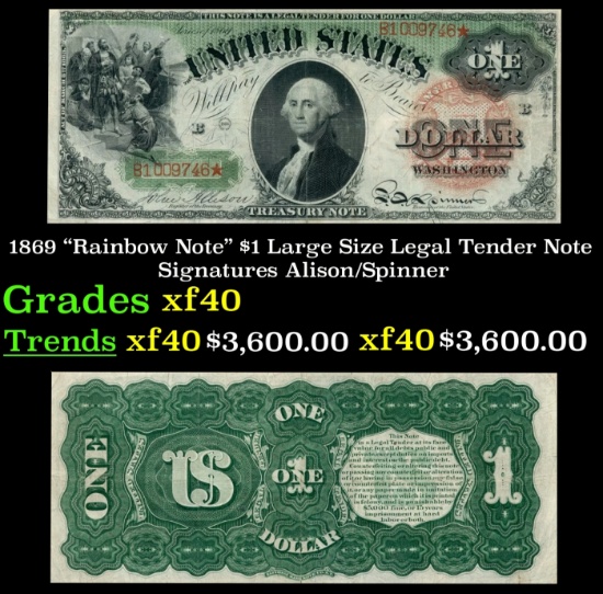 1869 $1 Large Size Legal Tender Note "Rainbow Note" Grades xf Signatures Alison/Spinner