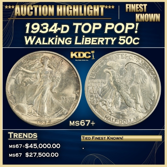 1934-d Walking Liberty Half Dollar TOP POP! 50c ms67+ SEGS
