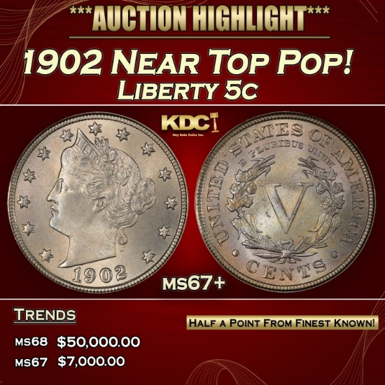 1902 Liberty Nickel Near Top Pop! 5c ms67+ SEGS