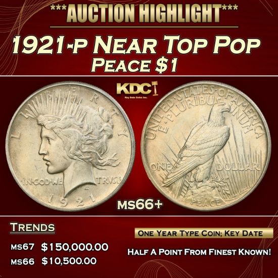 1921-p Peace Dollar Near Top Pop $1 ms66+ SEGS