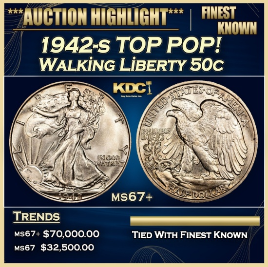 1942-s Walking Liberty Half Dollar TOP POP! 50c ms67+ SEGS